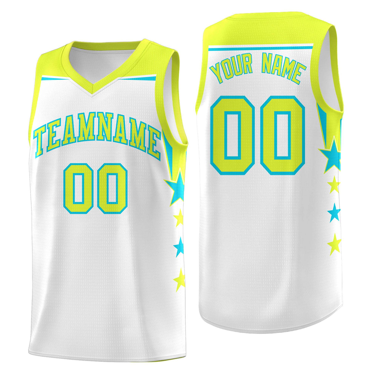 Custom Youth Basketball Uniform White Fluorescent Green Two Tone Side Star Add Name Number & Logo