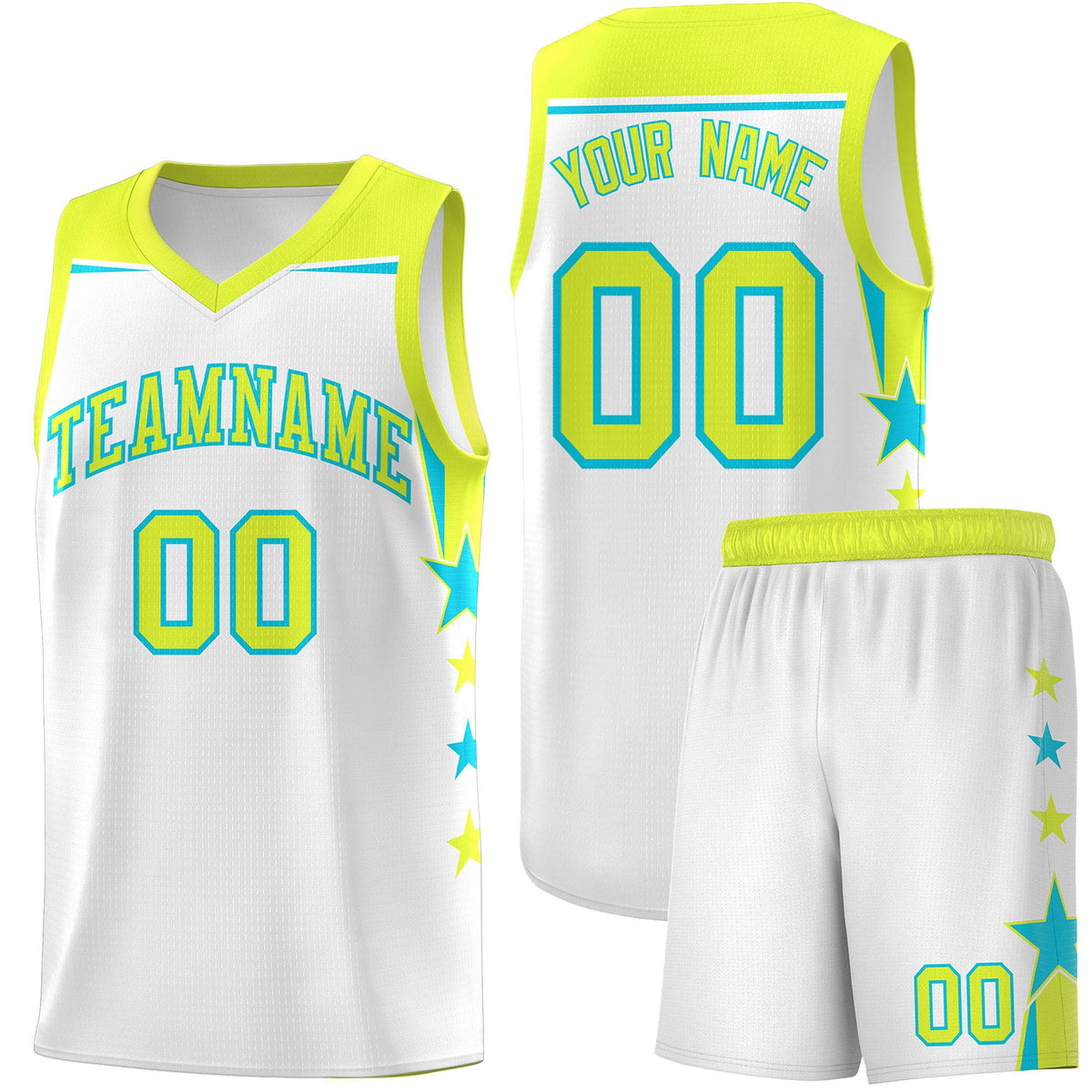 Custom Youth Basketball Uniform White Fluorescent Green Two Tone Side Star Add Name Number & Logo