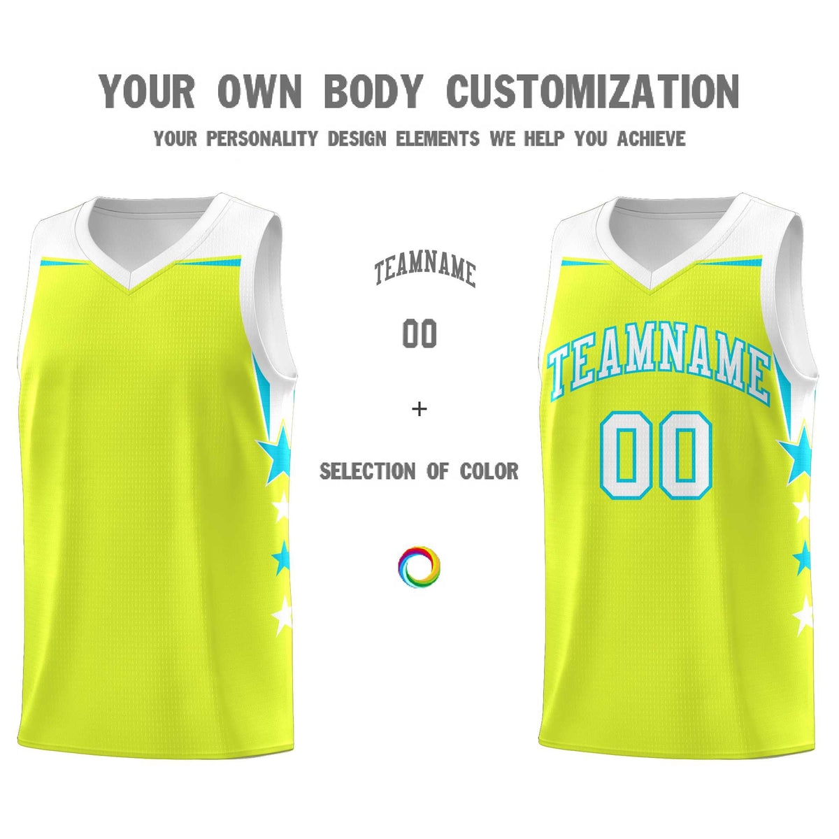 Custom Youth Basketball Uniform Fluorescent Green White Two Tone Side Star Personalized Team Jersey