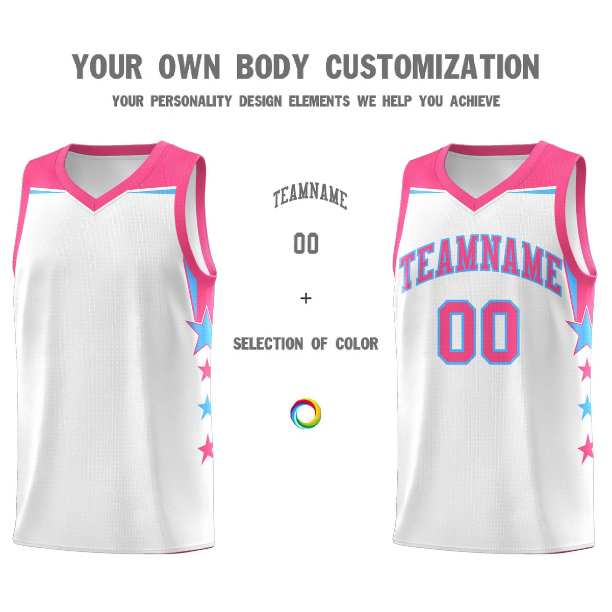 Custom Youth Basketball Uniform White Pink Two Tone Side Star Add Name Number &amp; Logo