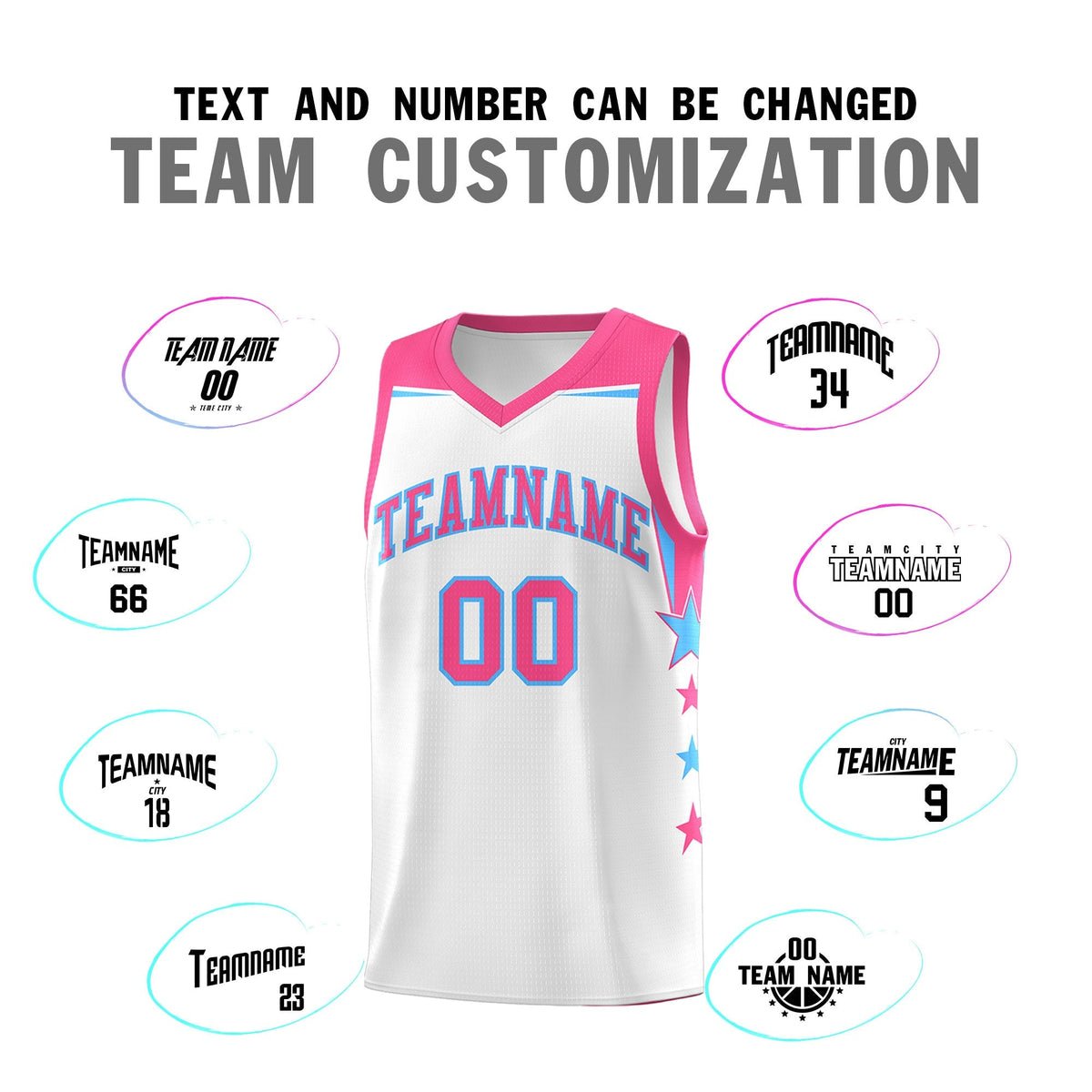 Custom Youth Basketball Uniform White Pink Two Tone Side Star Add Name Number &amp; Logo