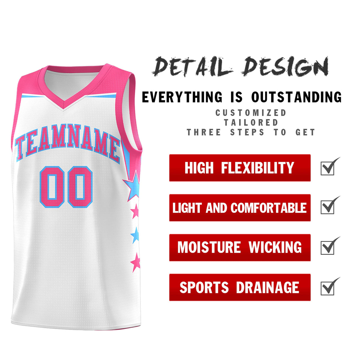 Custom Youth Basketball Uniform White Pink Two Tone Side Star Add Name Number &amp; Logo