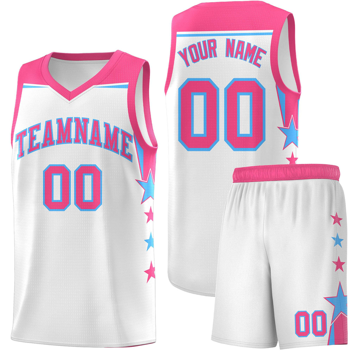 Custom Youth Basketball Uniform White Pink Two Tone Side Star Add Name Number &amp; Logo