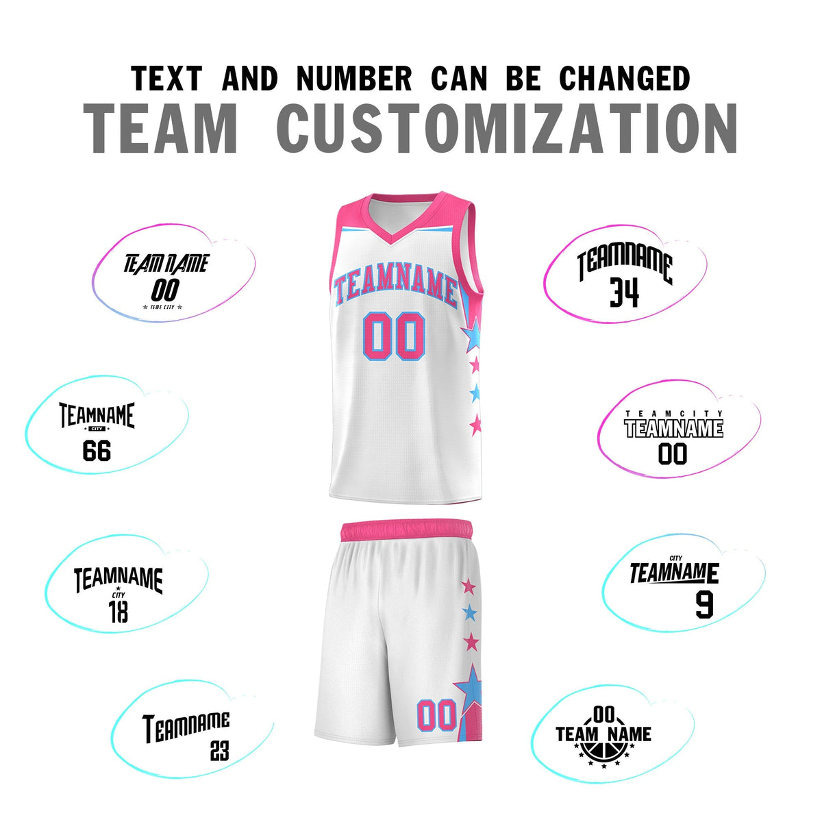 Custom Youth Basketball Uniform White Pink Two Tone Side Star Add Name Number &amp; Logo