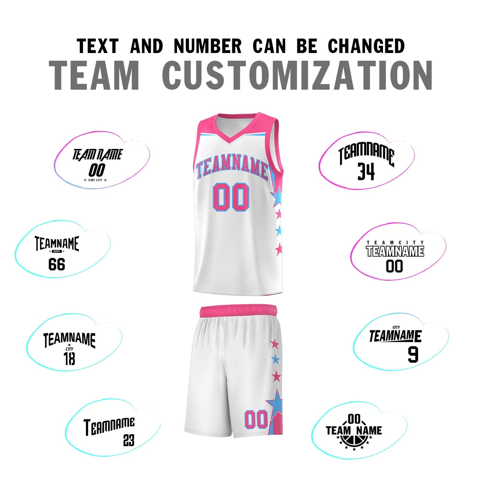 Custom Youth Basketball Uniform White Pink Two Tone Side Star Add Name Number & Logo