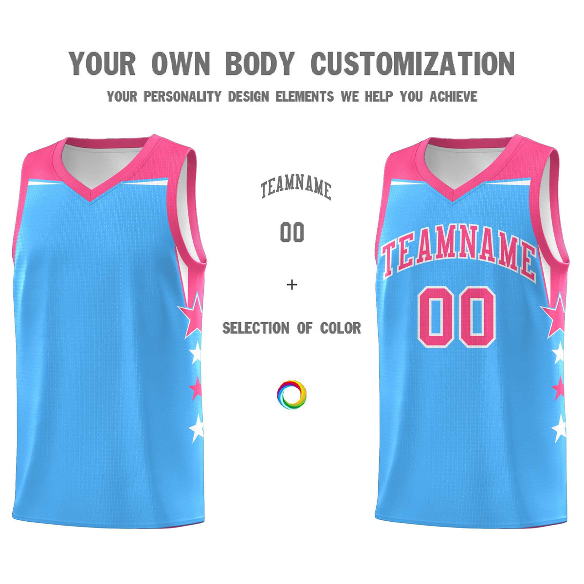 Custom Youth Basketball Uniform Powder Blue Pink Two Tone Side Star Color Block Team Jersey