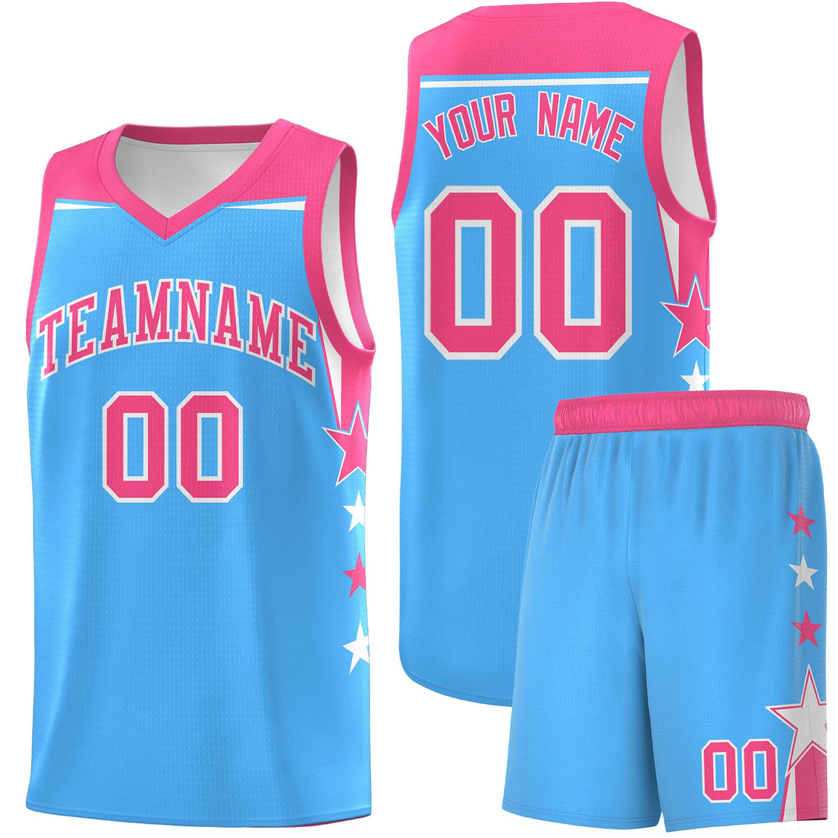 Custom Youth Basketball Uniform Powder Blue Pink Two Tone Side Star Color Block Team Jersey