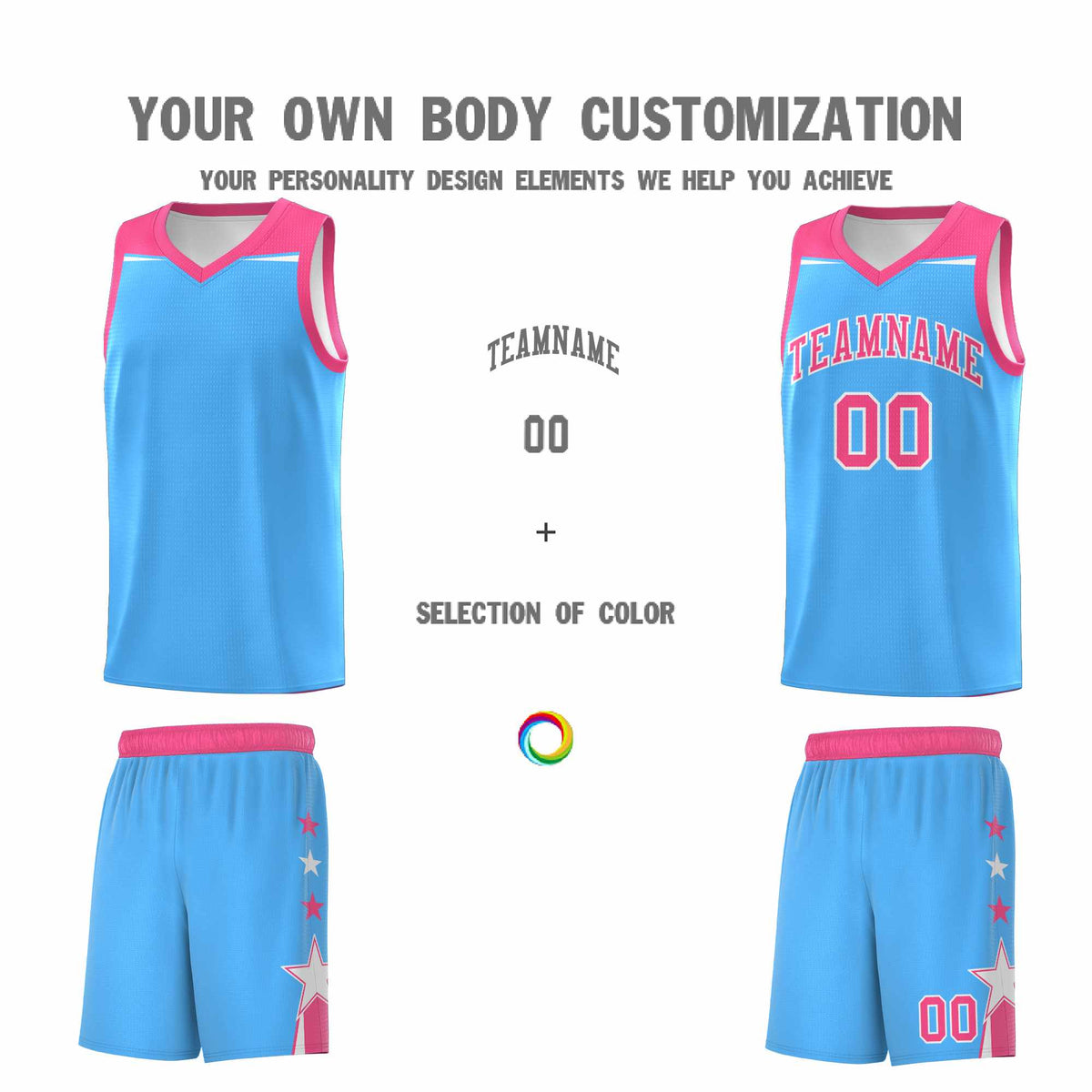 Custom Youth Basketball Uniform Powder Blue Pink Two Tone Side Star Color Block Team Jersey