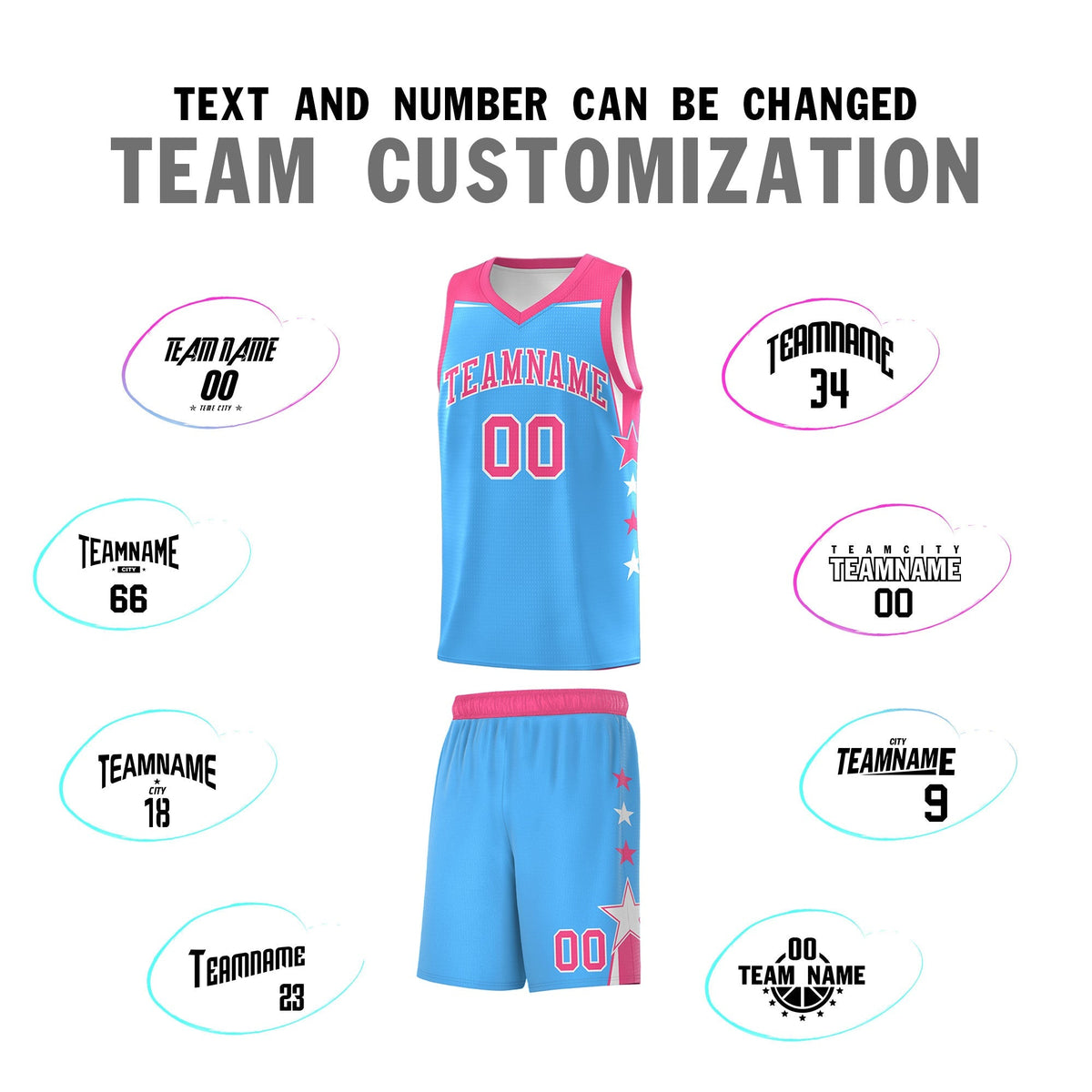 Custom Youth Basketball Uniform Powder Blue Pink Two Tone Side Star Color Block Team Jersey