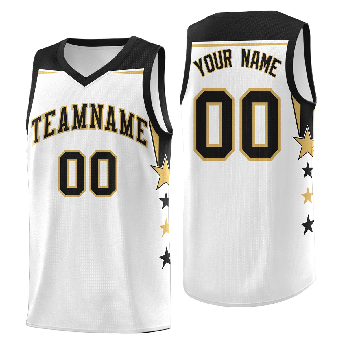 Custom Youth Basketball Uniform White Black Two Tone Side Star Add Name Number &amp; Logo