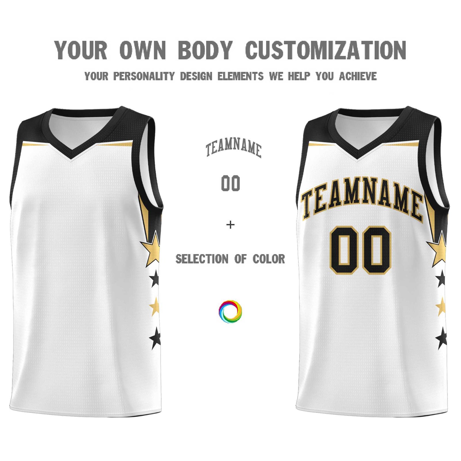 Custom Youth Basketball Uniform White Black Two Tone Side Star Add Name Number & Logo