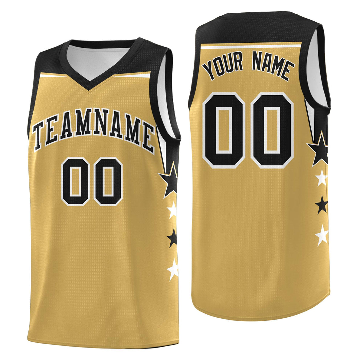 Custom Youth Basketball Uniform Old Gold Black Two Tone Side Star Color Block Team Jersey