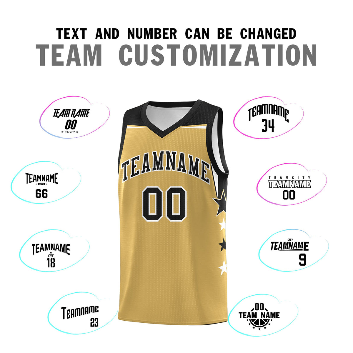 Custom Youth Basketball Uniform Old Gold Black Two Tone Side Star Color Block Team Jersey