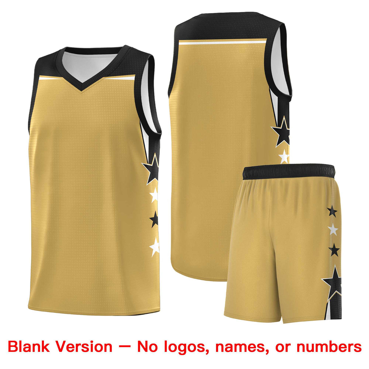 Custom Youth Basketball Uniform Old Gold Black Two Tone Side Star Color Block Team Jersey