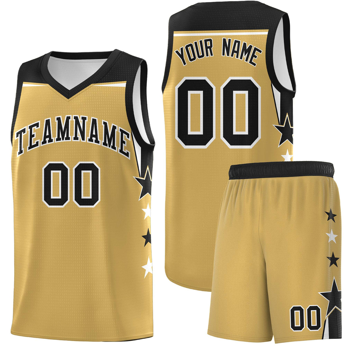 Custom Youth Basketball Uniform Old Gold Black Two Tone Side Star Color Block Team Jersey