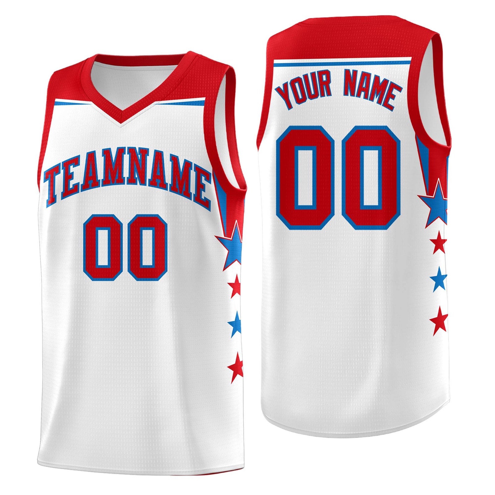 Custom Youth Basketball Uniform White Red Two Tone Side Star Add Name Number & Logo