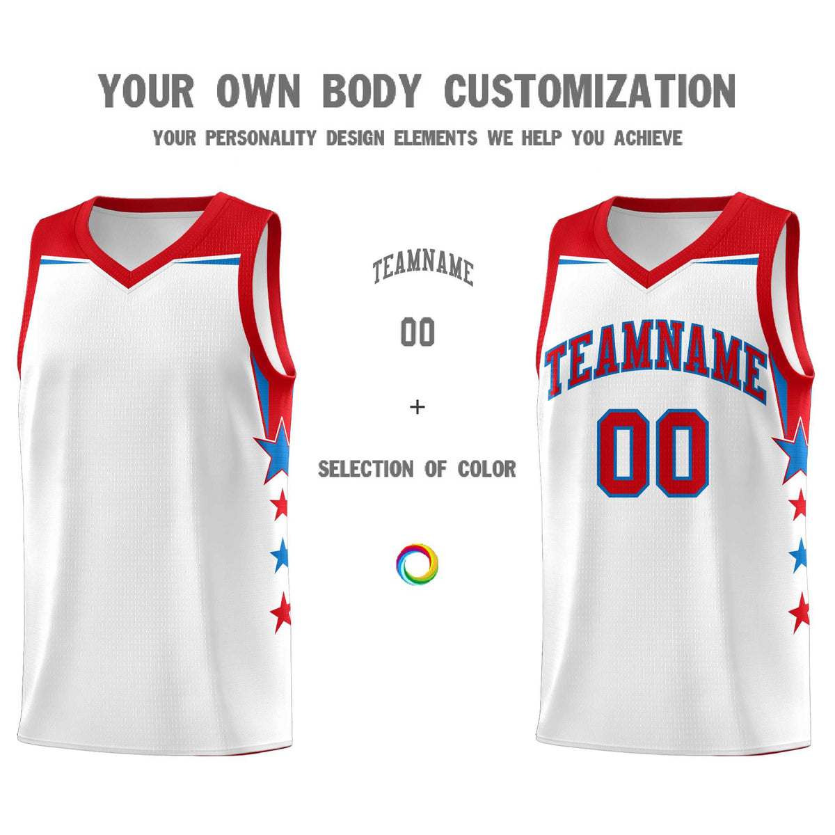 Custom Youth Basketball Uniform White Red Two Tone Side Star Add Name Number & Logo