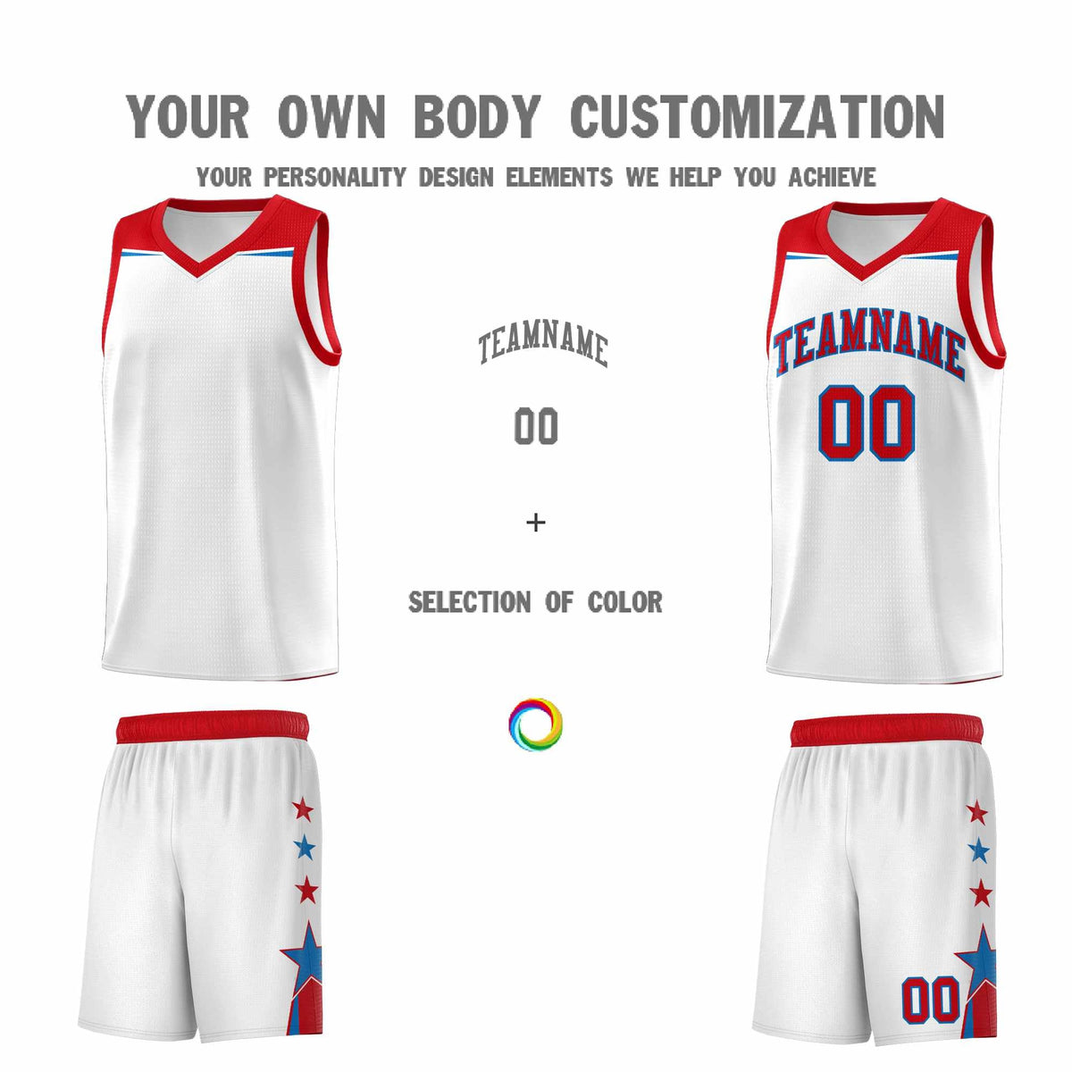 Custom Youth Basketball Uniform White Red Two Tone Side Star Add Name Number & Logo