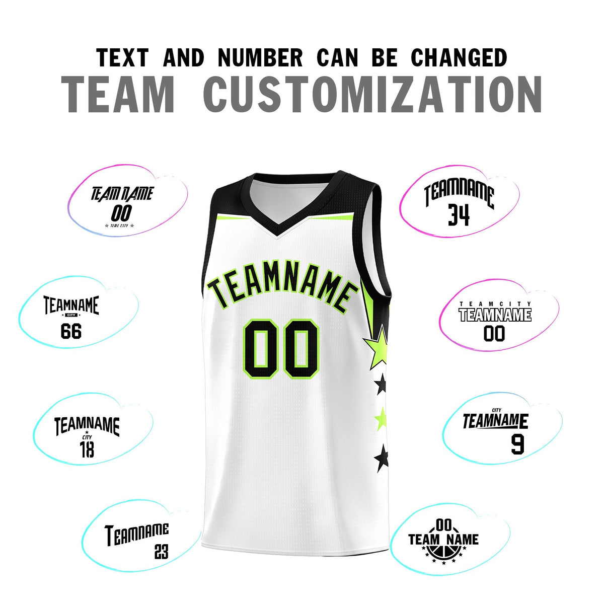 Custom Youth Basketball Uniform White Black Two Tone Side Star Add Name Number &amp; Logo