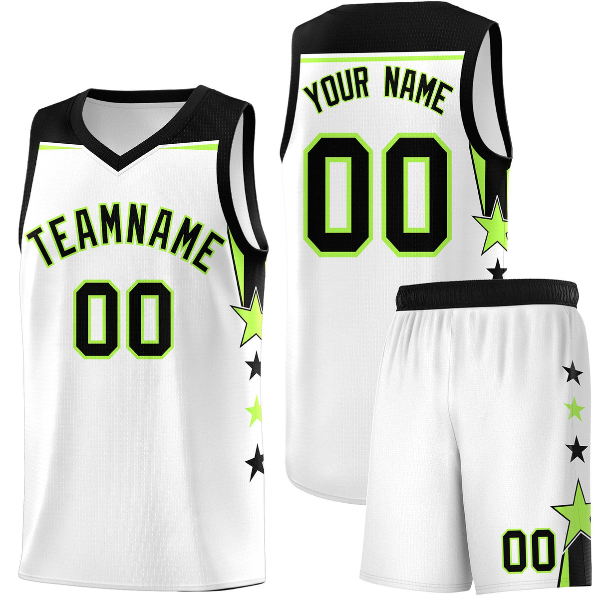 Custom Youth Basketball Uniform White Black Two Tone Side Star Add Name Number &amp; Logo