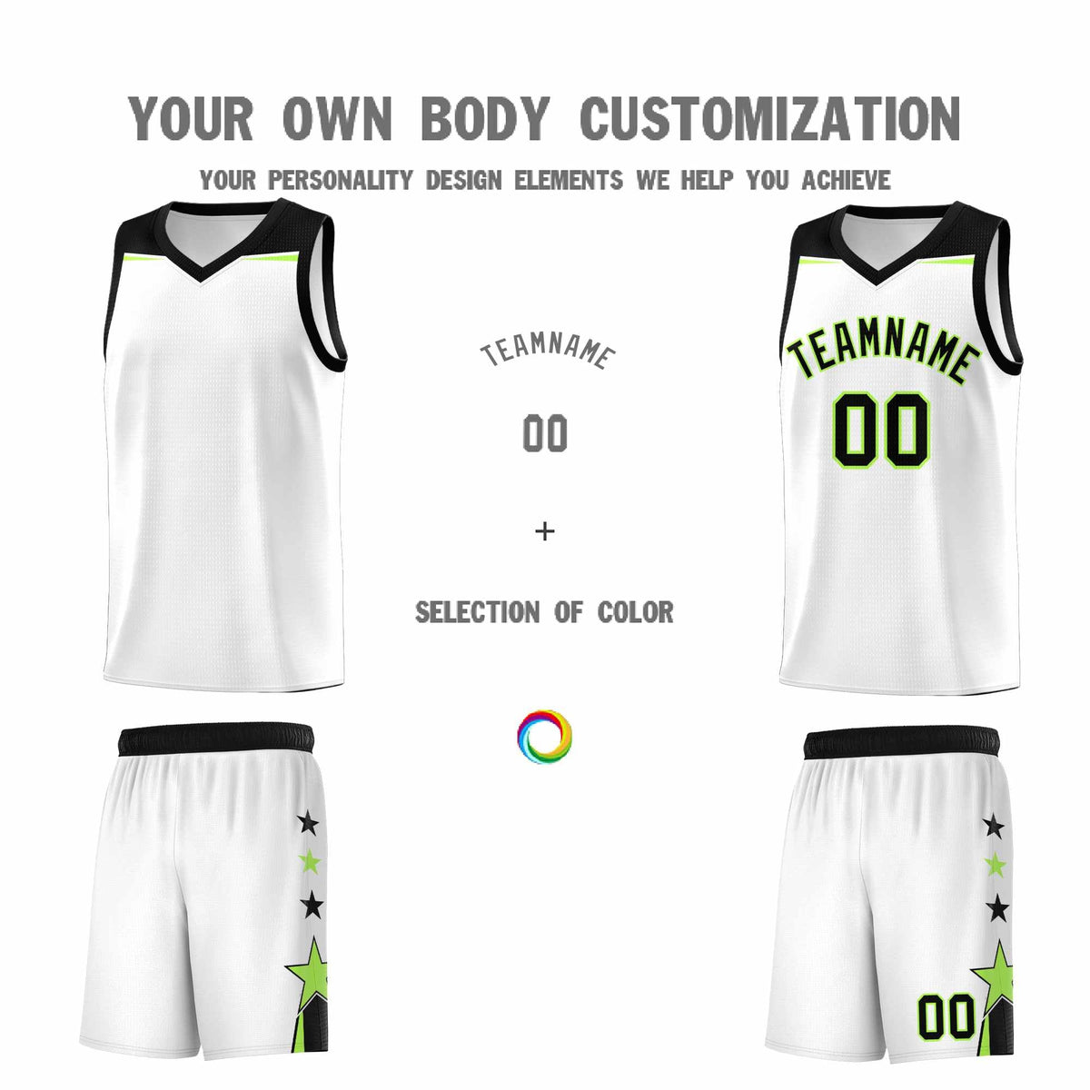 Custom Youth Basketball Uniform White Black Two Tone Side Star Add Name Number &amp; Logo