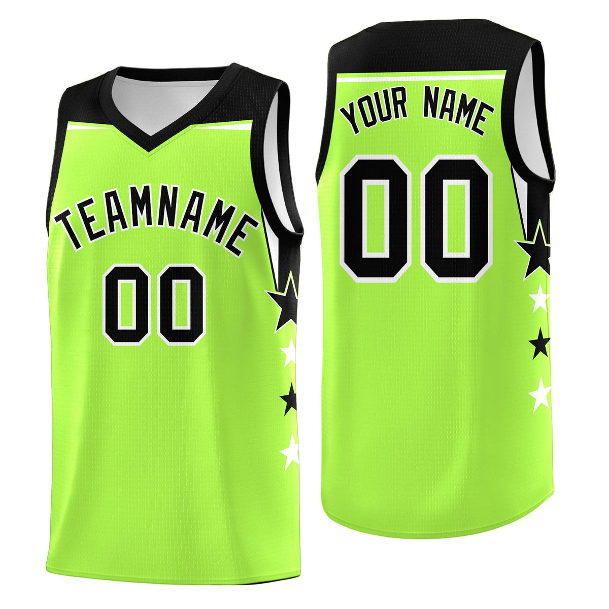 Custom Youth Basketball Uniform Fluorescent Green Black Two Tone Side Star Add Name Number &amp; Logo