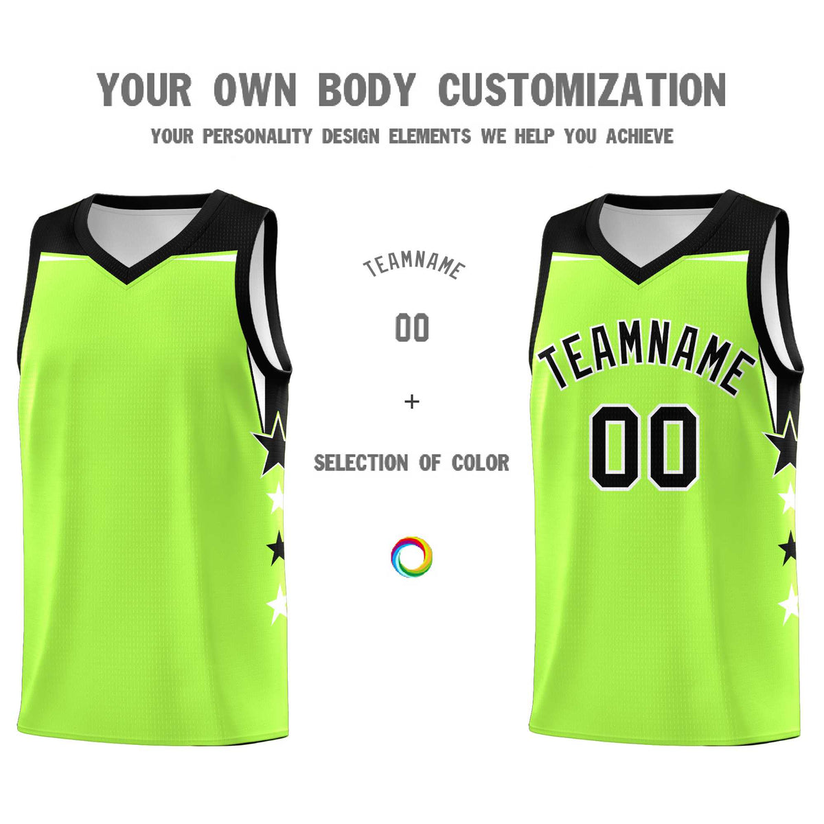 Custom Youth Basketball Uniform Fluorescent Green Black Two Tone Side Star Add Name Number &amp; Logo