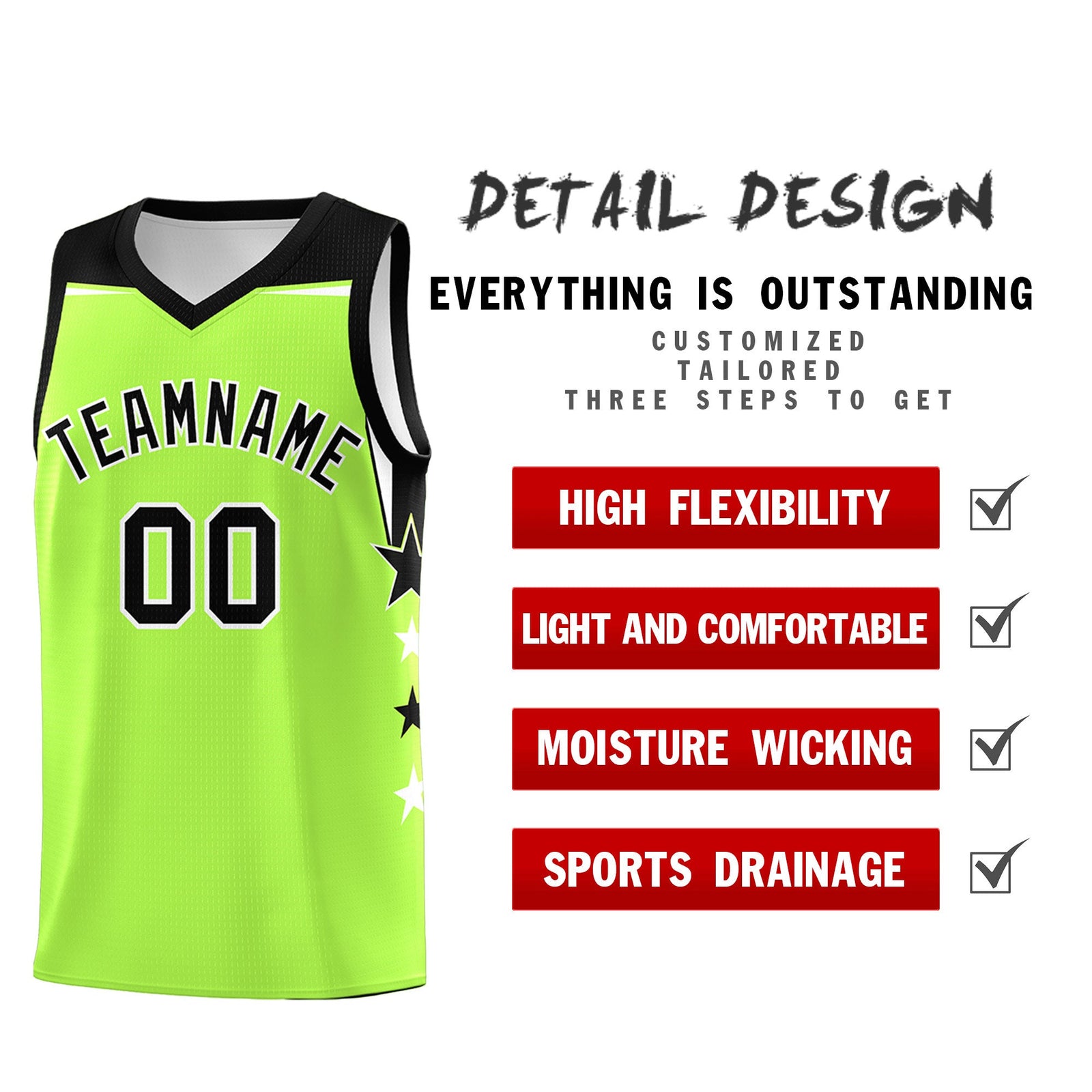 Custom Youth Basketball Uniform Fluorescent Green Black Two Tone Side Star Add Name Number & Logo