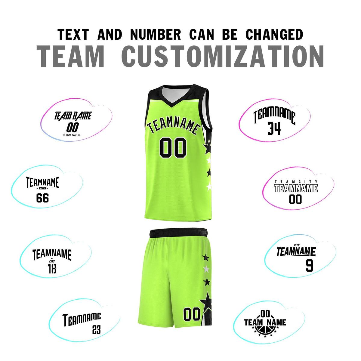 Custom Youth Basketball Uniform Fluorescent Green Black Two Tone Side Star Add Name Number &amp; Logo