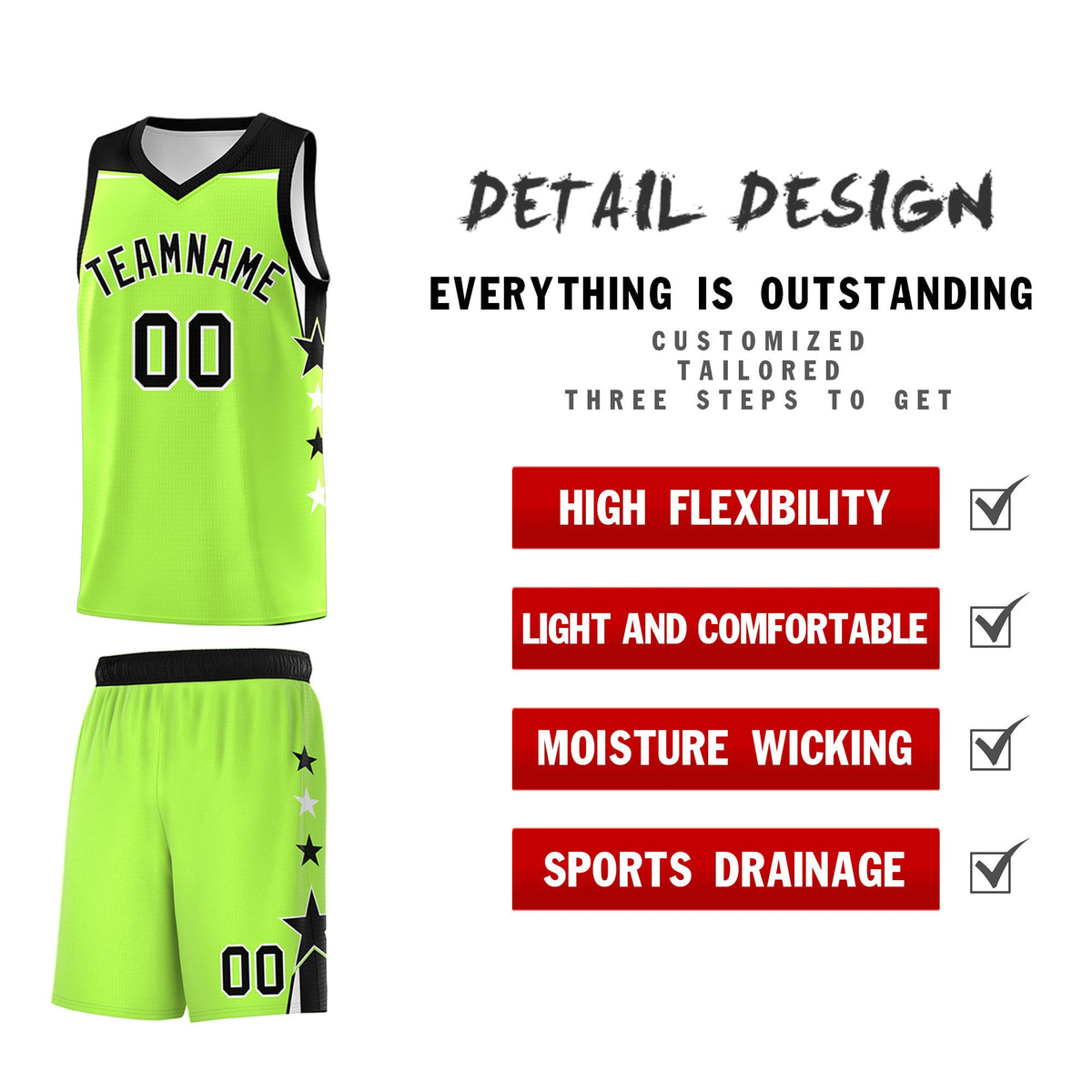 Custom Youth Basketball Uniform Fluorescent Green Black Two Tone Side Star Add Name Number &amp; Logo