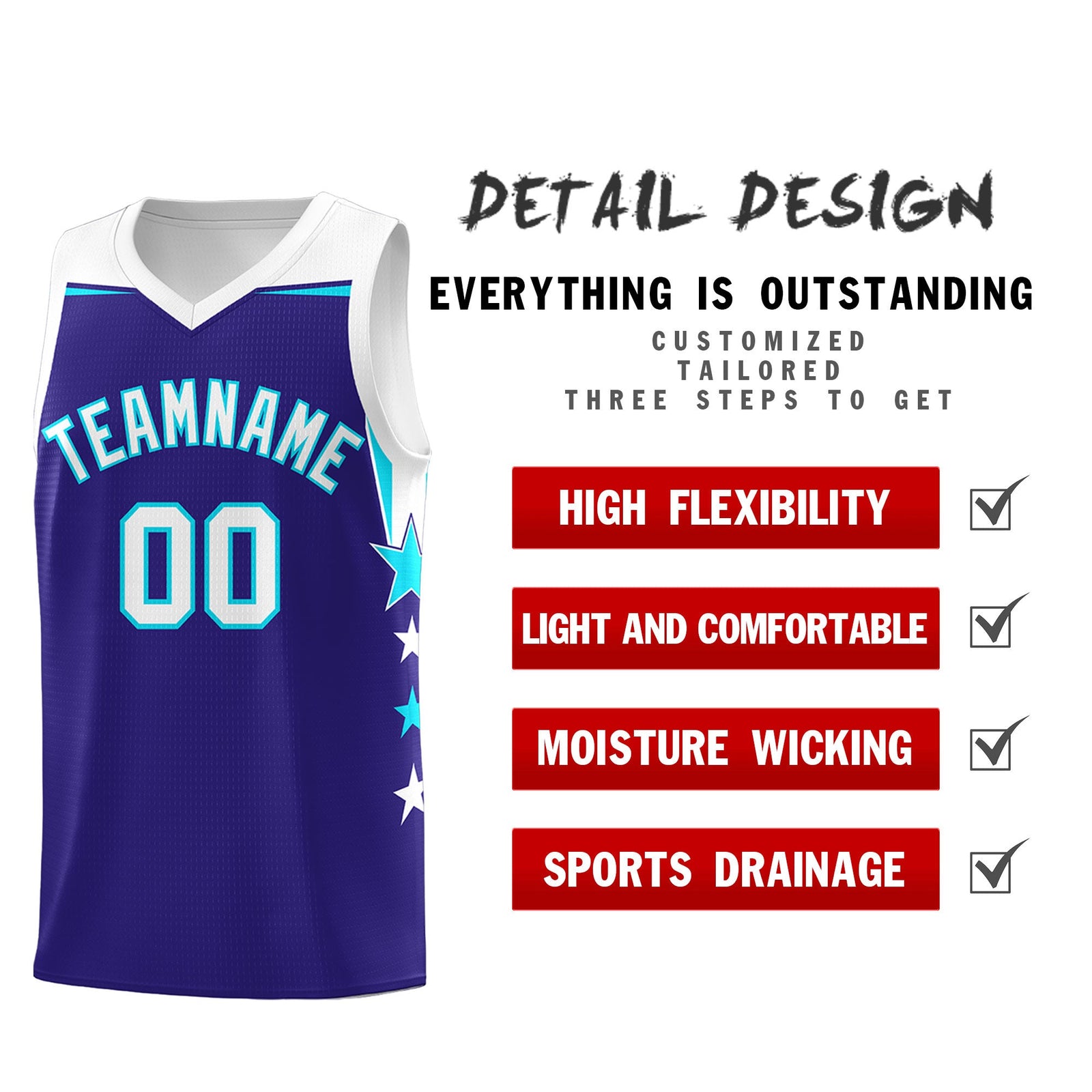 Custom Youth Basketball Uniform Royal White Two Tone Side Star Add Name Number & Logo