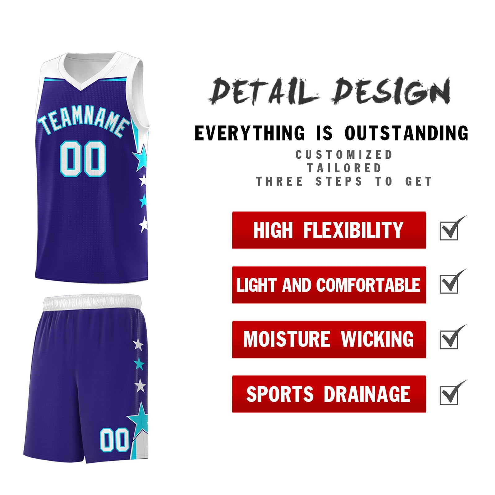 Custom Youth Basketball Uniform Royal White Two Tone Side Star Add Name Number & Logo