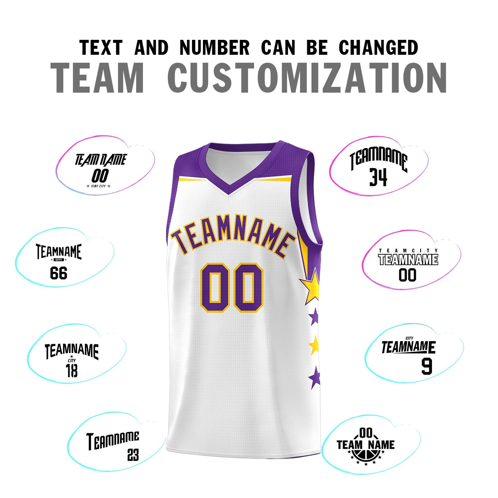 Custom Youth Basketball Uniform White Purple Two Tone Side Star Color Block Team Jersey