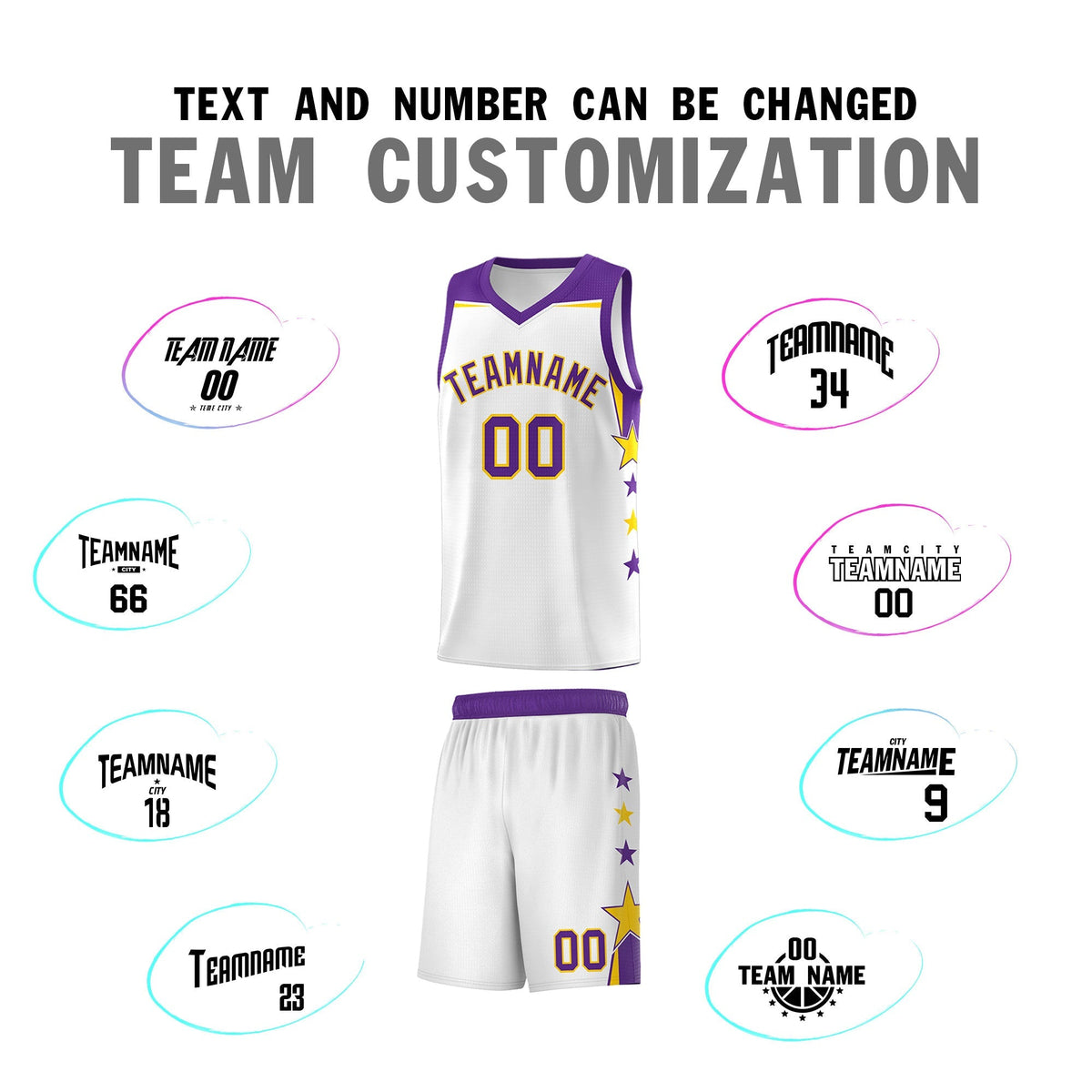 Custom Youth Basketball Uniform White Purple Two Tone Side Star Color Block Team Jersey