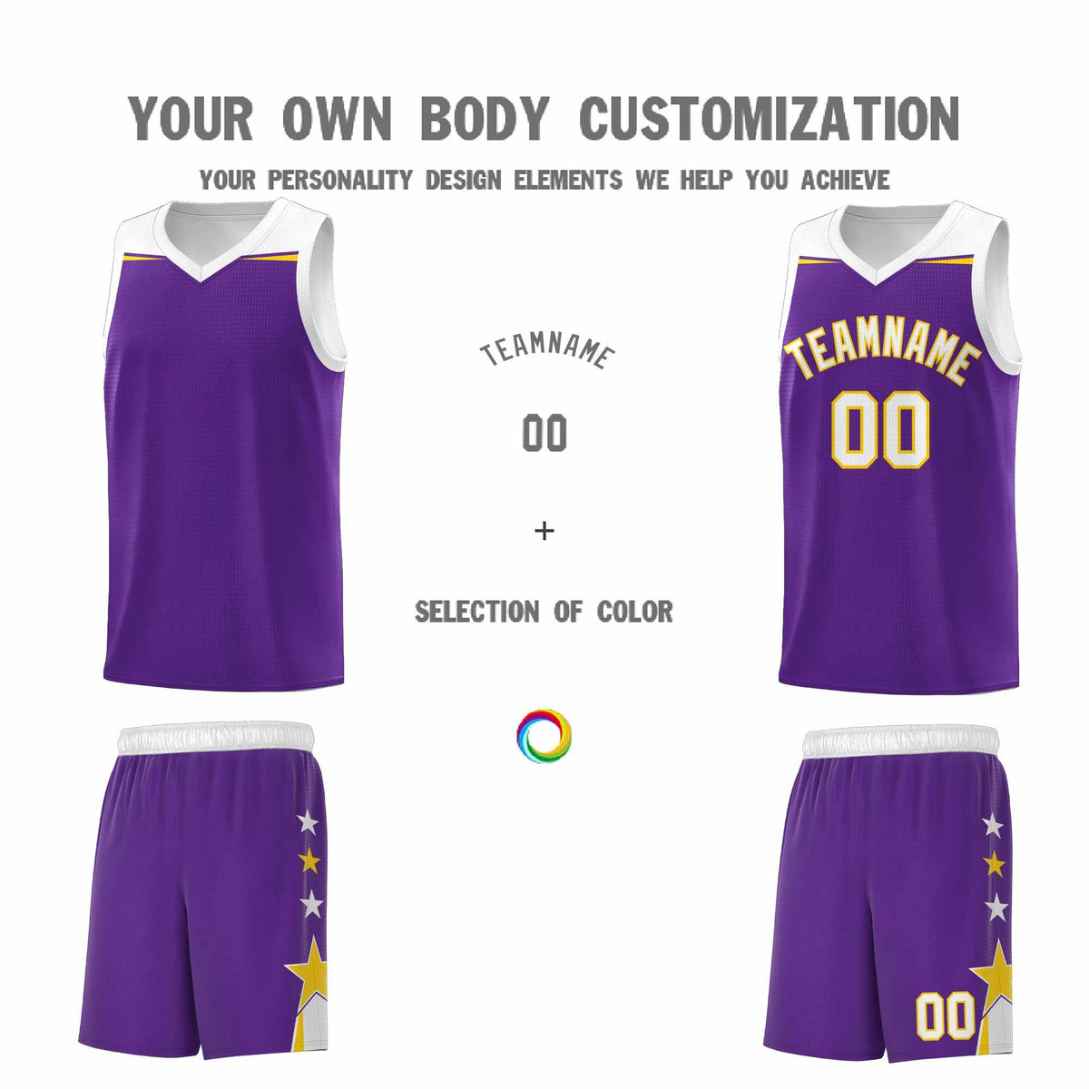 Custom Youth Basketball Uniform Purple White Two Tone Side Star Add Name Number & Logo