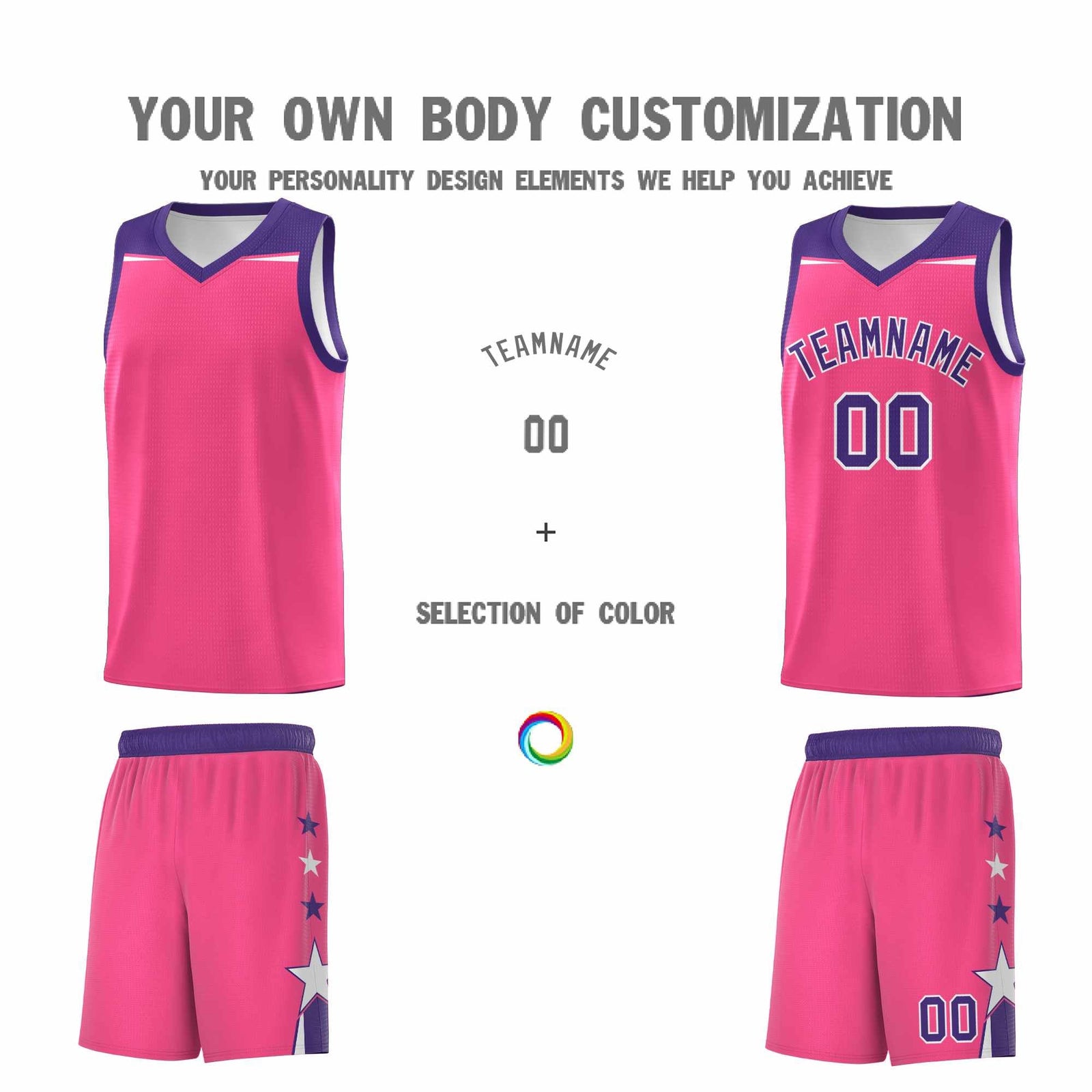 Custom Youth Basketball Uniform Pink Purple Two Tone Side Star Add Name Number & Logo