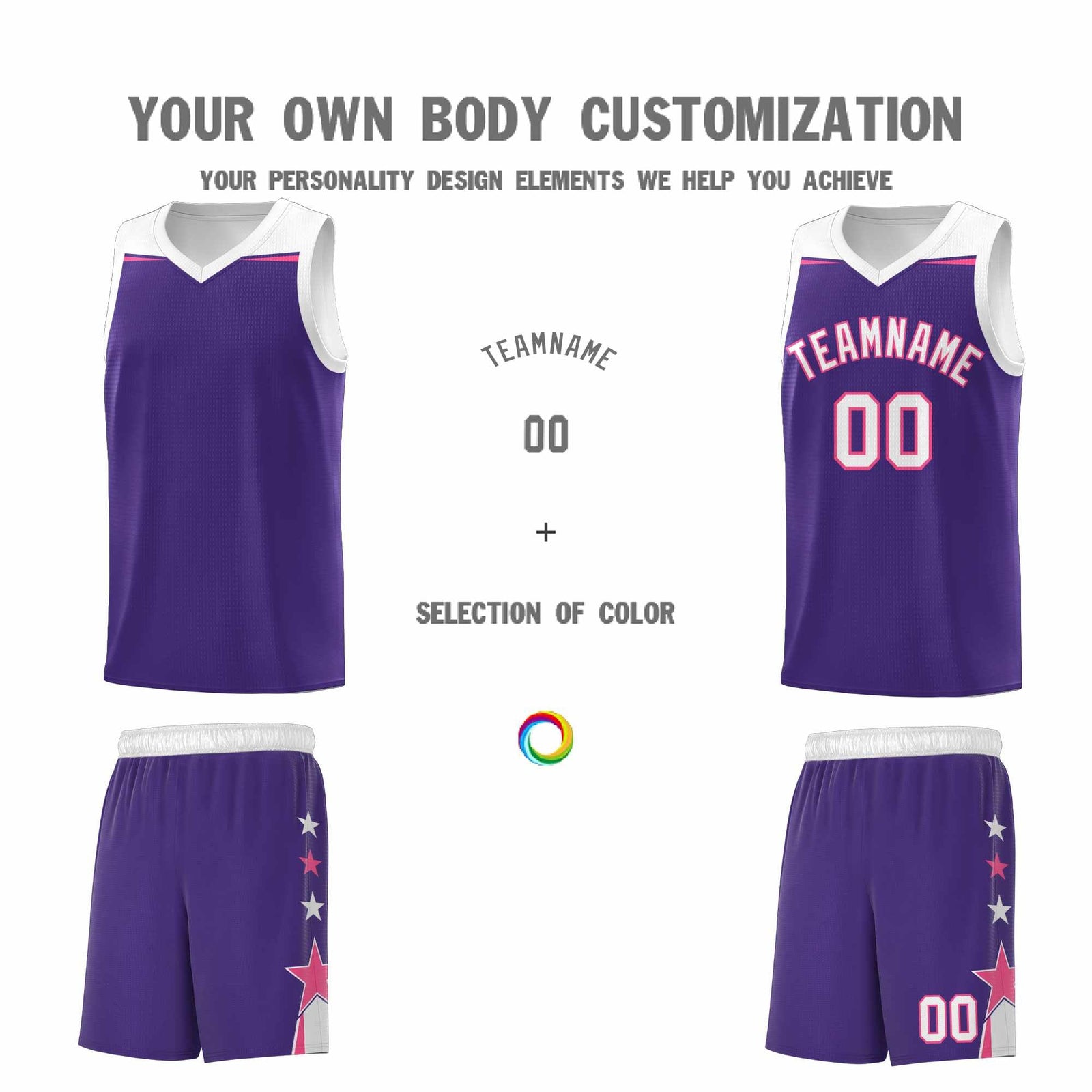 Custom Youth Basketball Uniform Purple White Two Tone Side Star Personalized Team Jersey