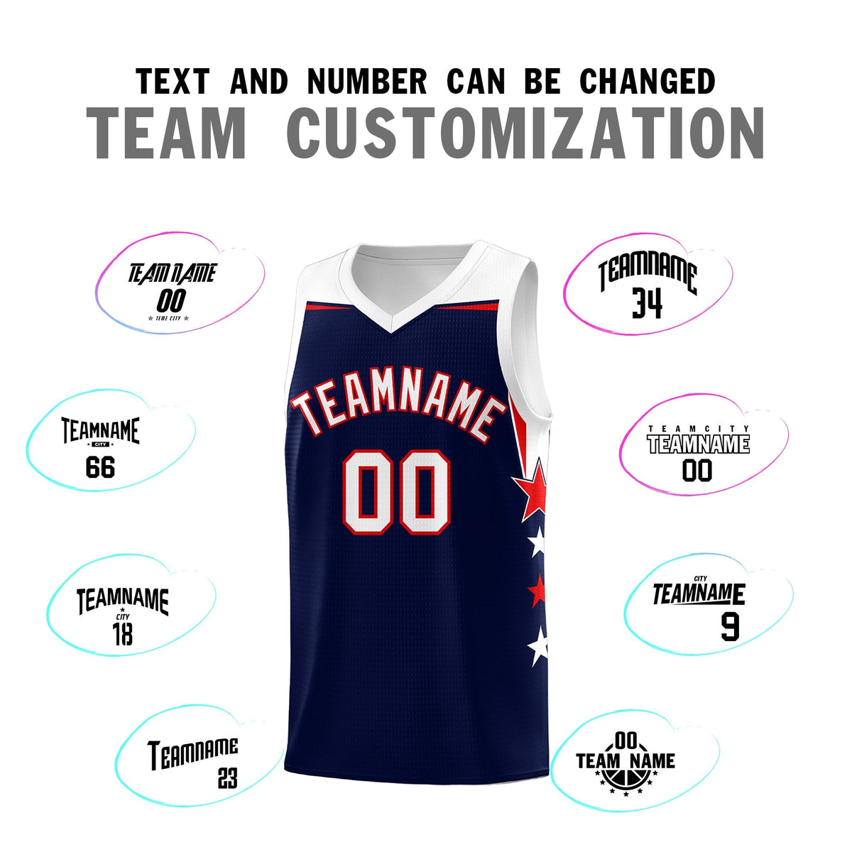 Custom Youth Basketball Uniform Navy White Two Tone Side Star Add Name Number & Logo