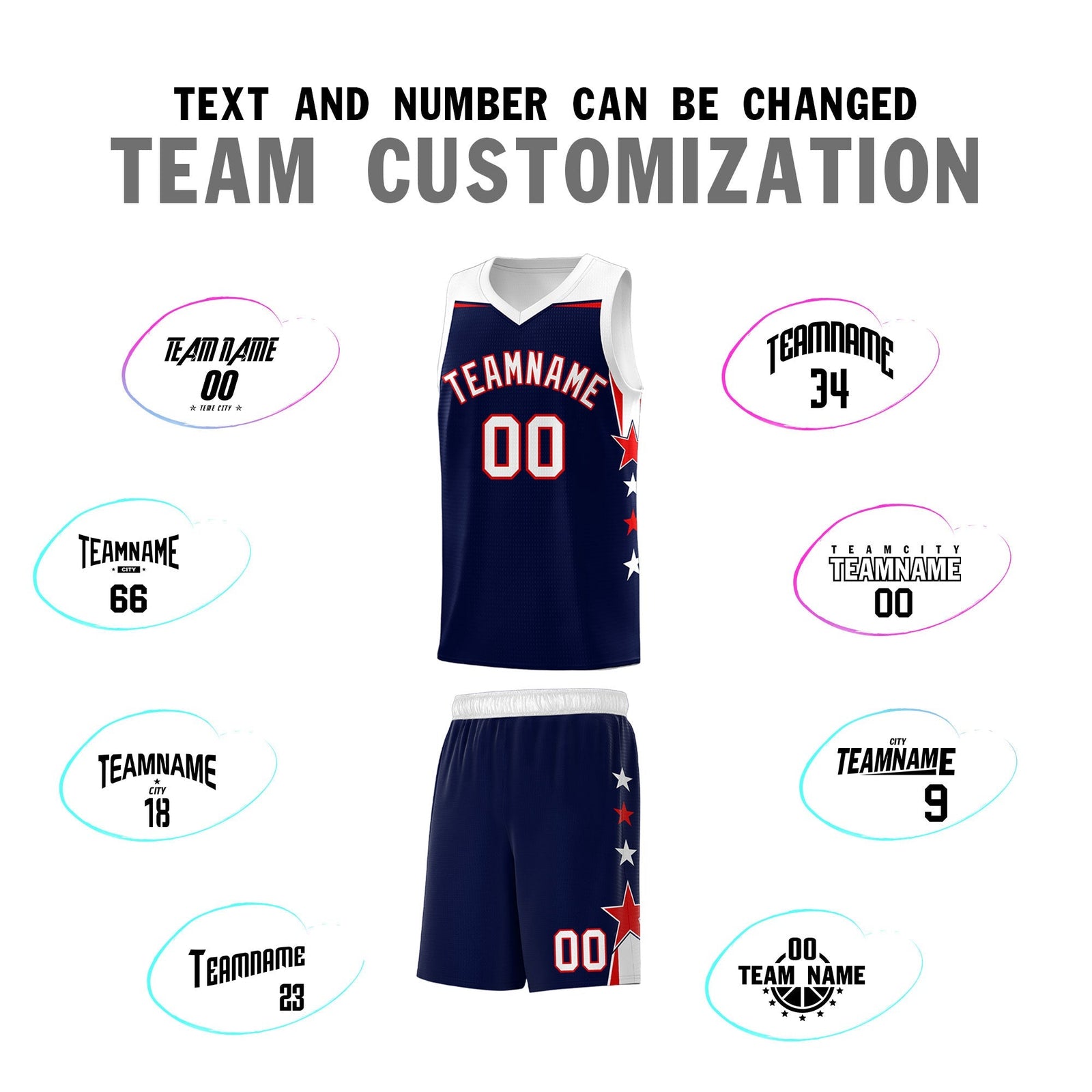 Custom Youth Basketball Uniform Navy White Two Tone Side Star Add Name Number & Logo