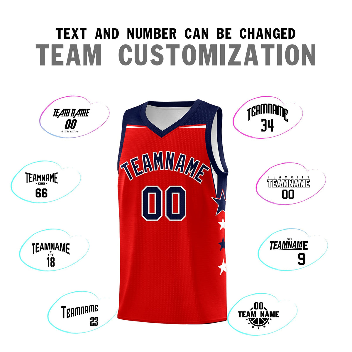 Custom Youth Basketball Uniform Red Navy Two Tone Side Star Personalized Team Jersey