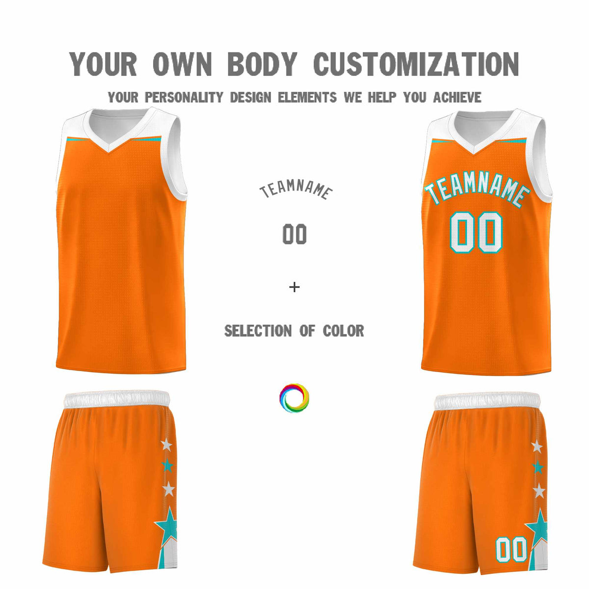 Custom Youth Basketball Uniform Orange White Two Tone Side Star Add Name Number &amp; Logo