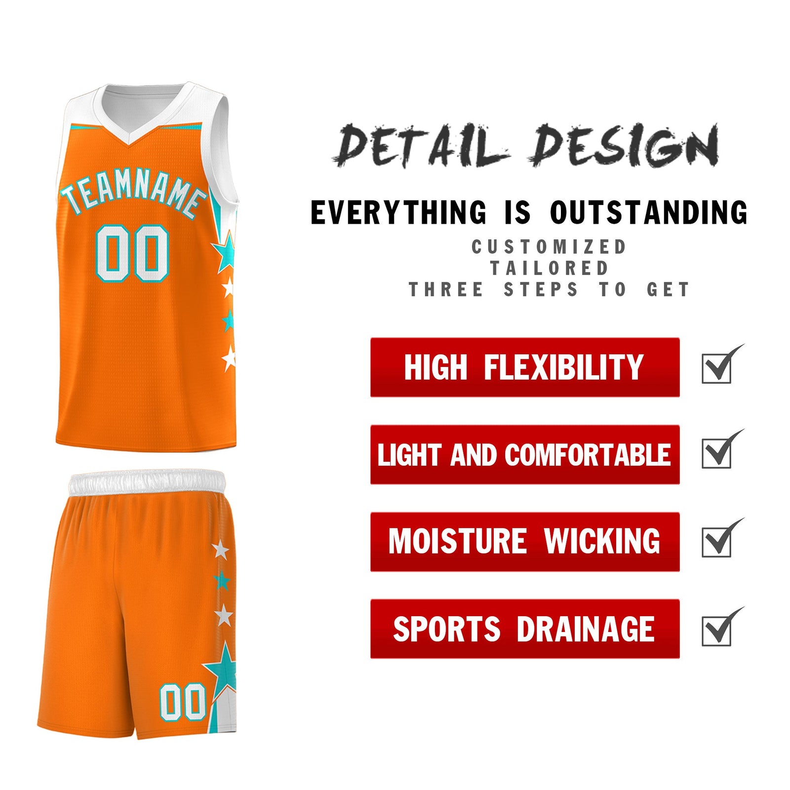 Custom Youth Basketball Uniform Orange White Two Tone Side Star Add Name Number & Logo