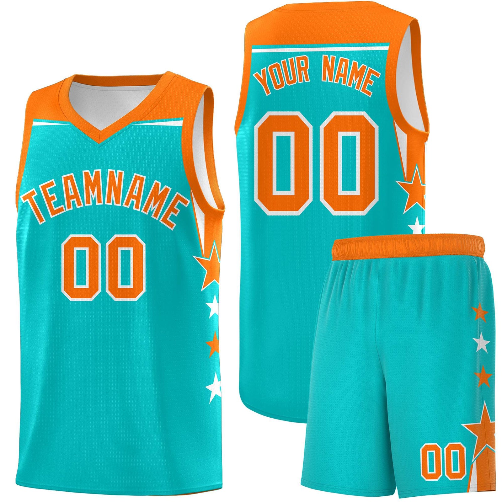 Custom Youth Basketball Uniform Aqua Orange Two Tone Side Star Personalized Team Jersey