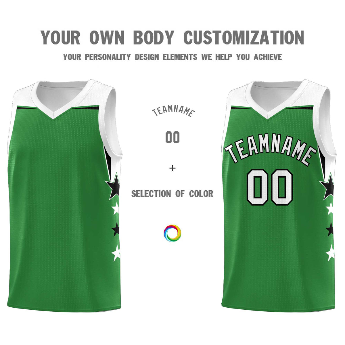 Custom Youth Basketball Uniform Kelly Green White Two Tone Side Star Add Name Number &amp; Logo
