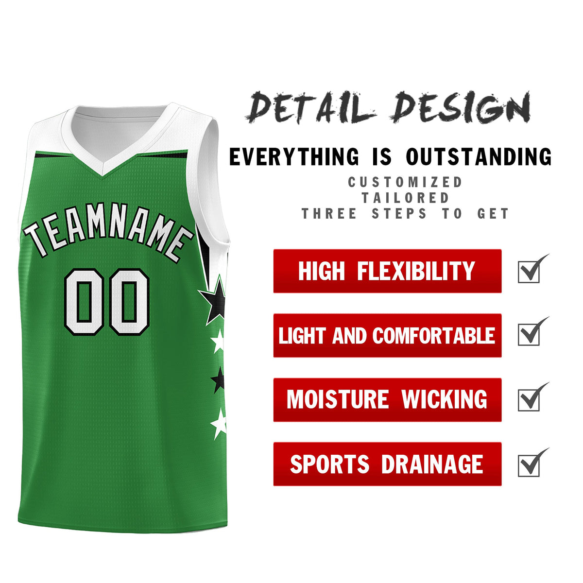 Custom Youth Basketball Uniform Kelly Green White Two Tone Side Star Add Name Number &amp; Logo