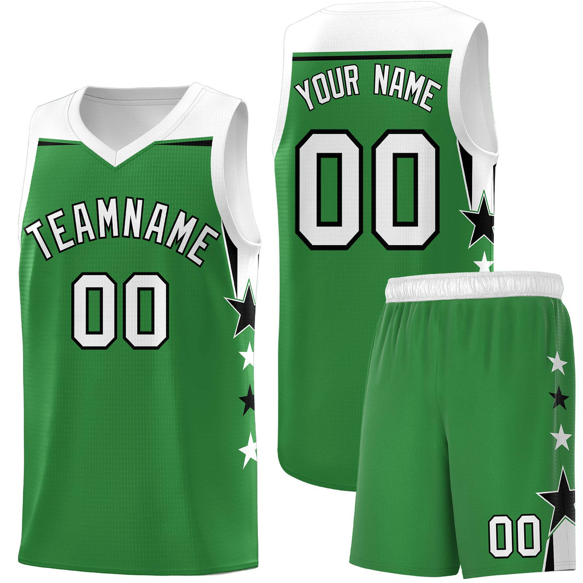 Custom Youth Basketball Uniform Kelly Green White Two Tone Side Star Add Name Number &amp; Logo
