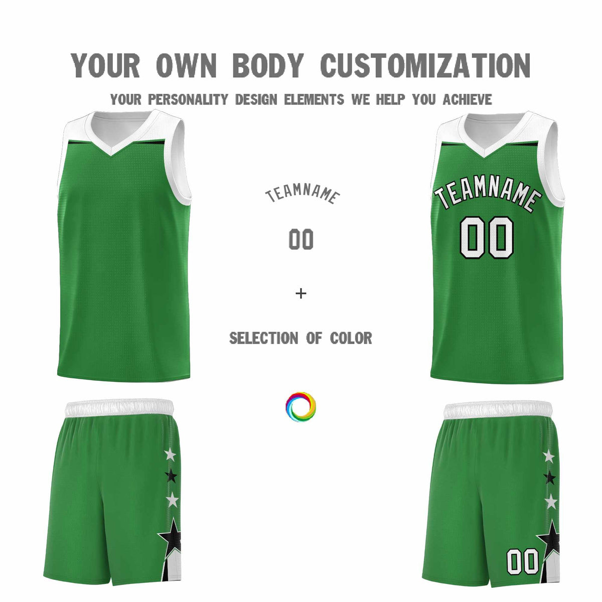 Custom Youth Basketball Uniform Kelly Green White Two Tone Side Star Add Name Number &amp; Logo