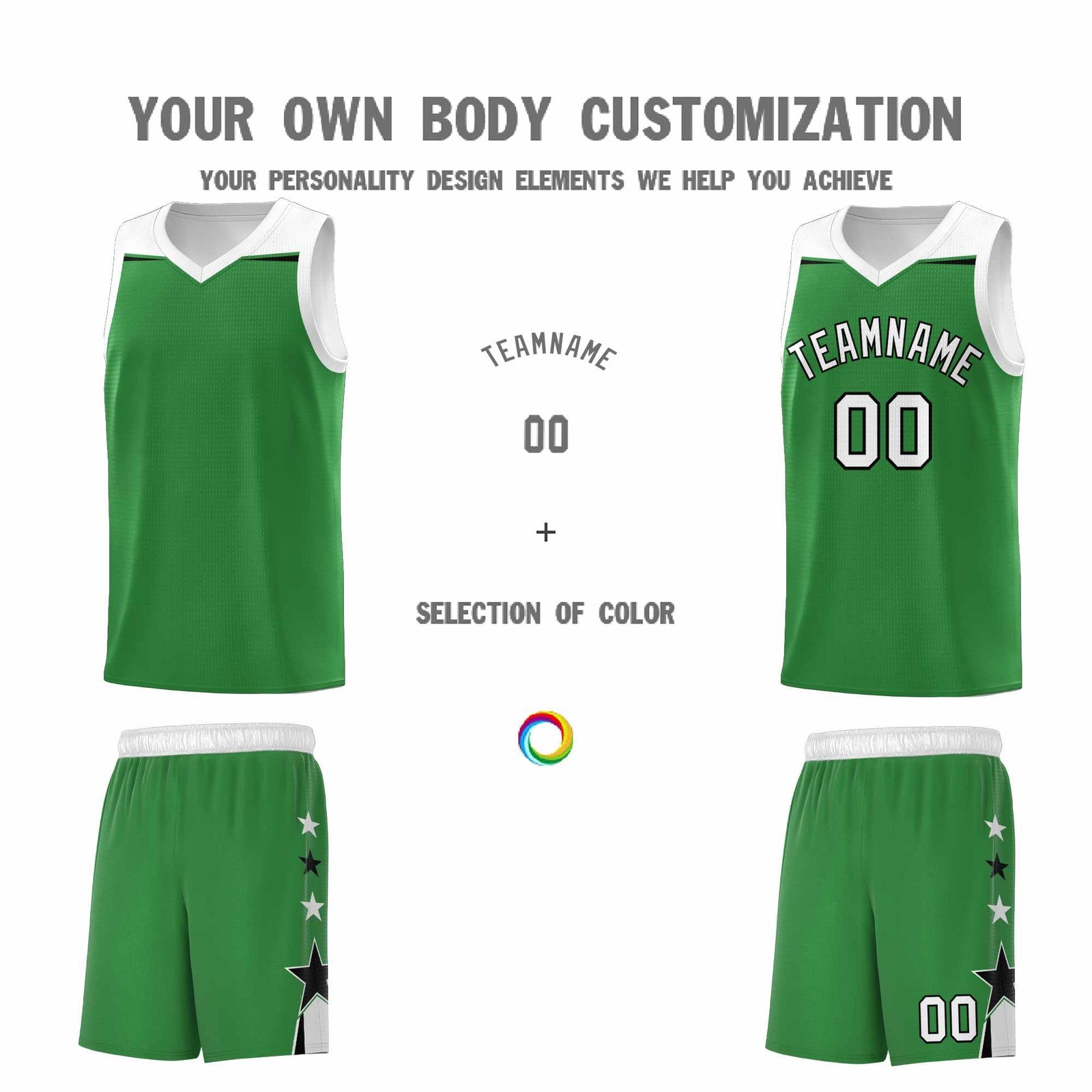 Custom Youth Basketball Uniform Kelly Green White Two Tone Side Star Add Name Number & Logo
