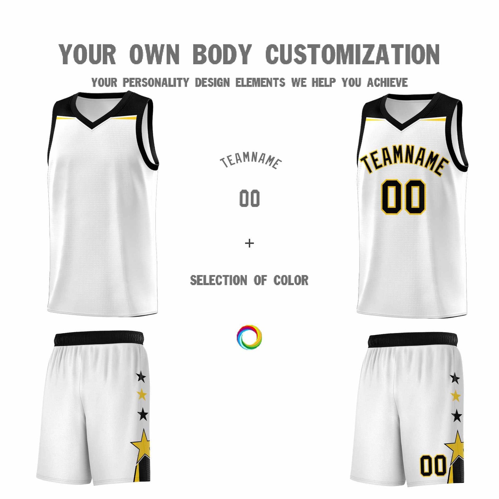 Custom Youth Basketball Uniform White Black Two Tone Side Star Color Block Team Jersey
