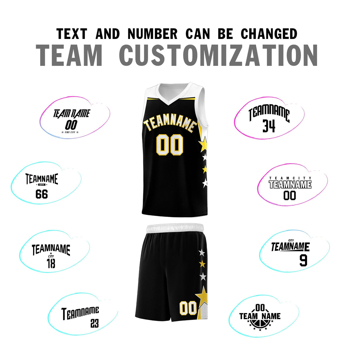 Custom Youth Basketball Uniform Black White Two Tone Side Star Add Name Number &amp; Logo
